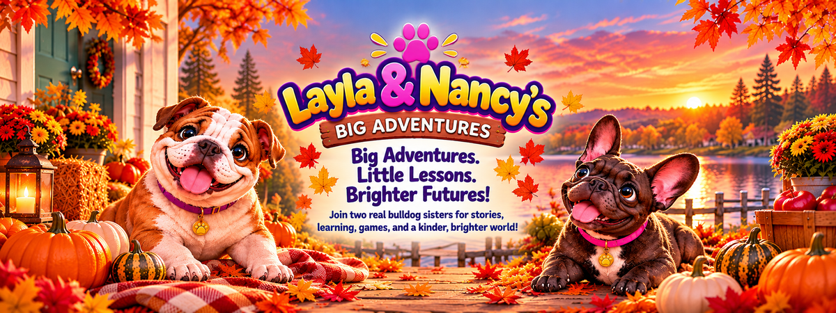 Promotional banner for 'Layla & Nancy's Big Adventures' featuring two bulldog puppies in an autumn outdoor setting with pumpkins, fall leaves, a lake, and a sunset sky. The text highlights big adventures, little lessons, and brighter futures.