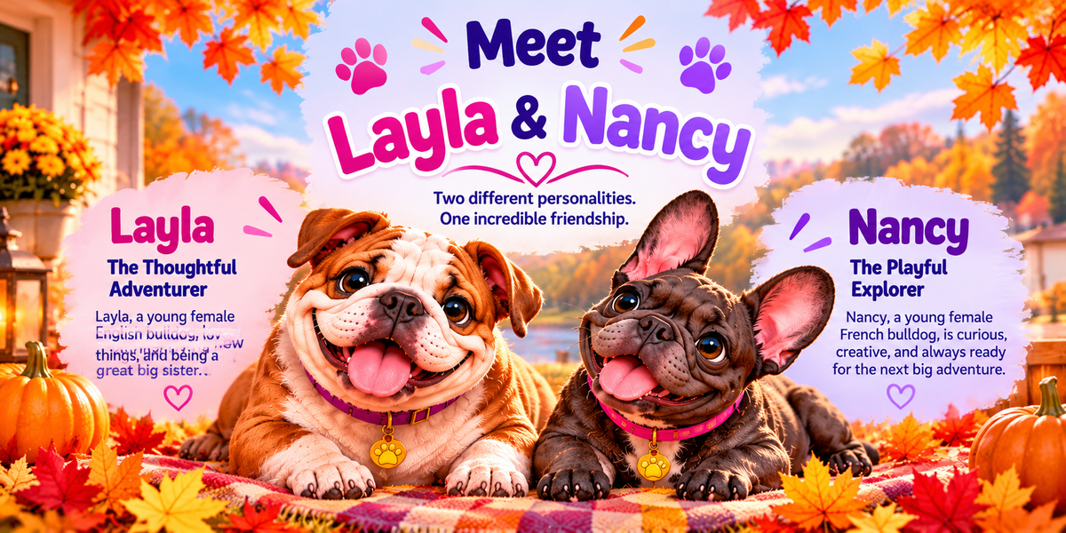 Meet Layla and Nancy, two adorable bulldog sisters enjoying a colorful autumn day. Layla, a brown-and-white English bulldog with a purple collar, is the thoughtful adventurer. Nancy, a dark brindle French bulldog with a pink collar, is the playful explorer. Surrounded by fall leaves and pumpkins, the illustration celebrates their unique personalities and incredible friendship.