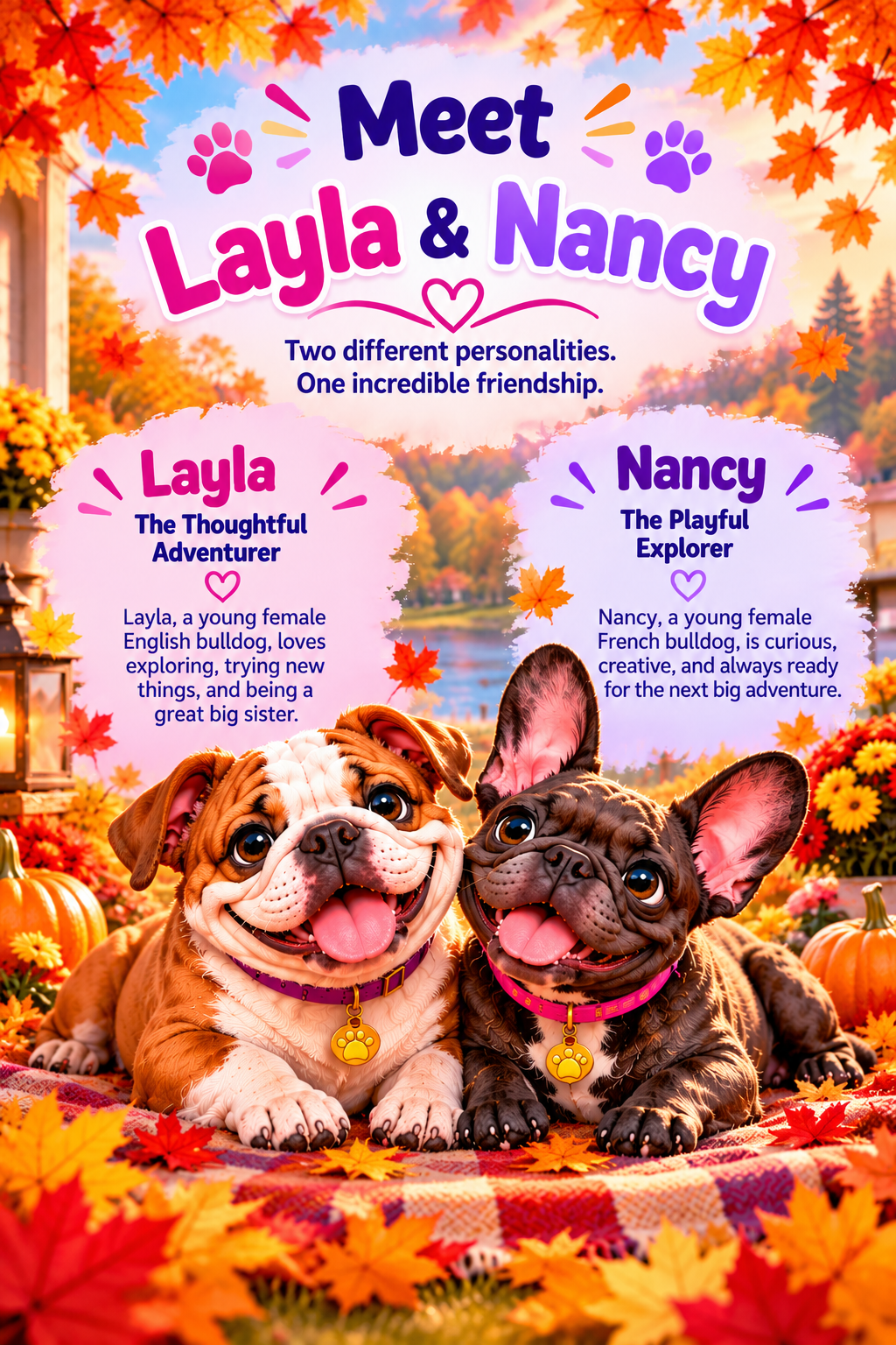 Vertical autumn illustration introducing Layla and Nancy from Layla & Nancy’s Big Adventures. Layla, a cheerful brown-and-white English bulldog, and Nancy, a playful dark brindle French bulldog, smile together on a cozy fall blanket surrounded by colorful leaves and pumpkins. Text introduces their personalities: Layla the Thoughtful Adventurer and Nancy the Playful Explorer.
