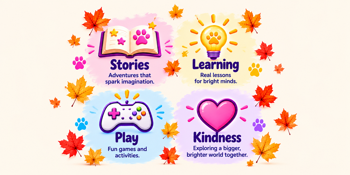 Colorful autumn-themed banner for Layla & Nancy’s Big Adventures featuring four pillars: Stories, with an open book representing imagination; Learning, with a glowing lightbulb representing education; Play, with a game controller representing fun activities; and Kindness, with a pink heart representing friendship and compassion. Pastel backgrounds, falling autumn leaves, and colorful paw prints create a playful, welcoming design for children and families.
